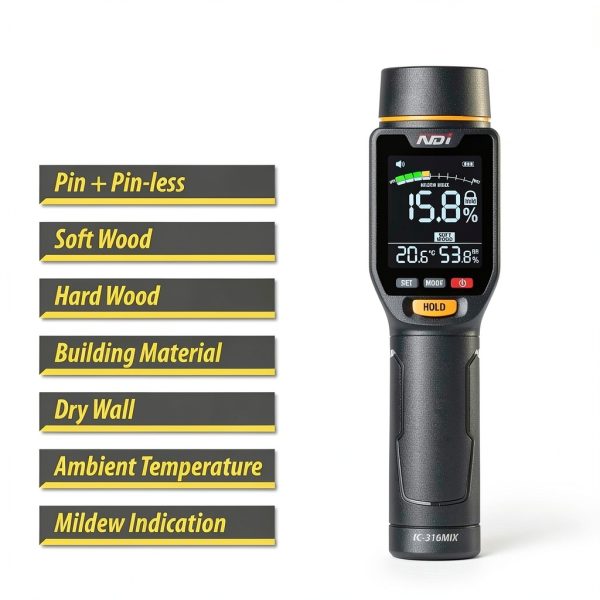 NDI 7 in 1 Pin-Type and Non-invasive Moisture Meter Scanner for Dry Wall/Cement Board/Soft Wood/Hard Wood upto 3/4 Inch Depth-1