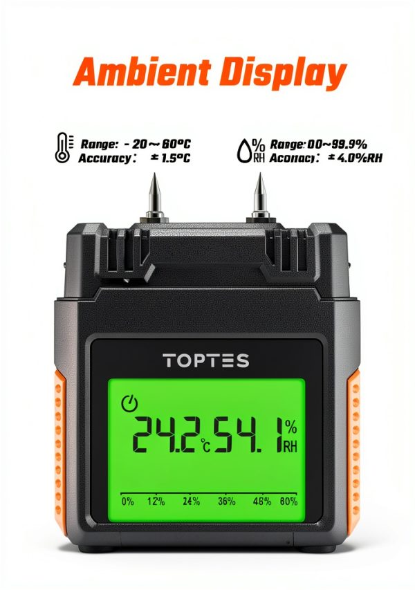 Wood Moisture Meter TOPTES TS 630 Orange Handheld LCD with Tricolor-7